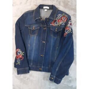 Coldwater Creek Floral Embroidered Denim Jacket Pockets Size Lg
